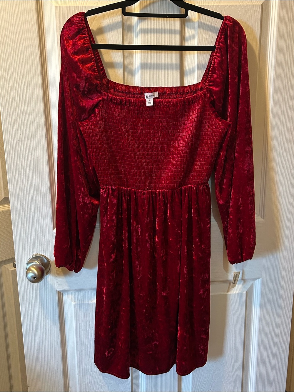 Bar III Large Rich Fire Red Velvet Long Sleeve Smocked Square Neck Dress NWT